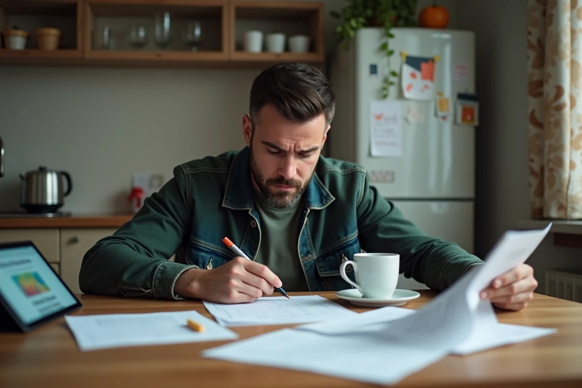 Père seul à la table de cuisine examinant les documents scolaires de son enfant concernant l'orientation en ULIS