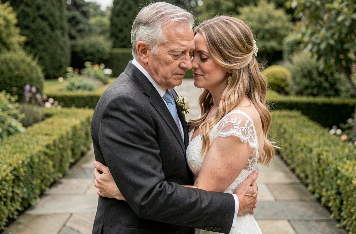 Père en costume sombre enlaçant tendrement sa fille en robe de mariée dans un jardin de château