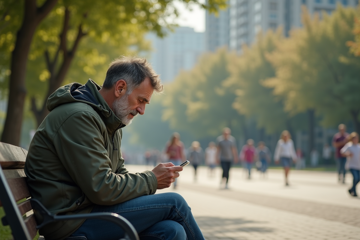 Pere seul sur un banc dans un parc urbain