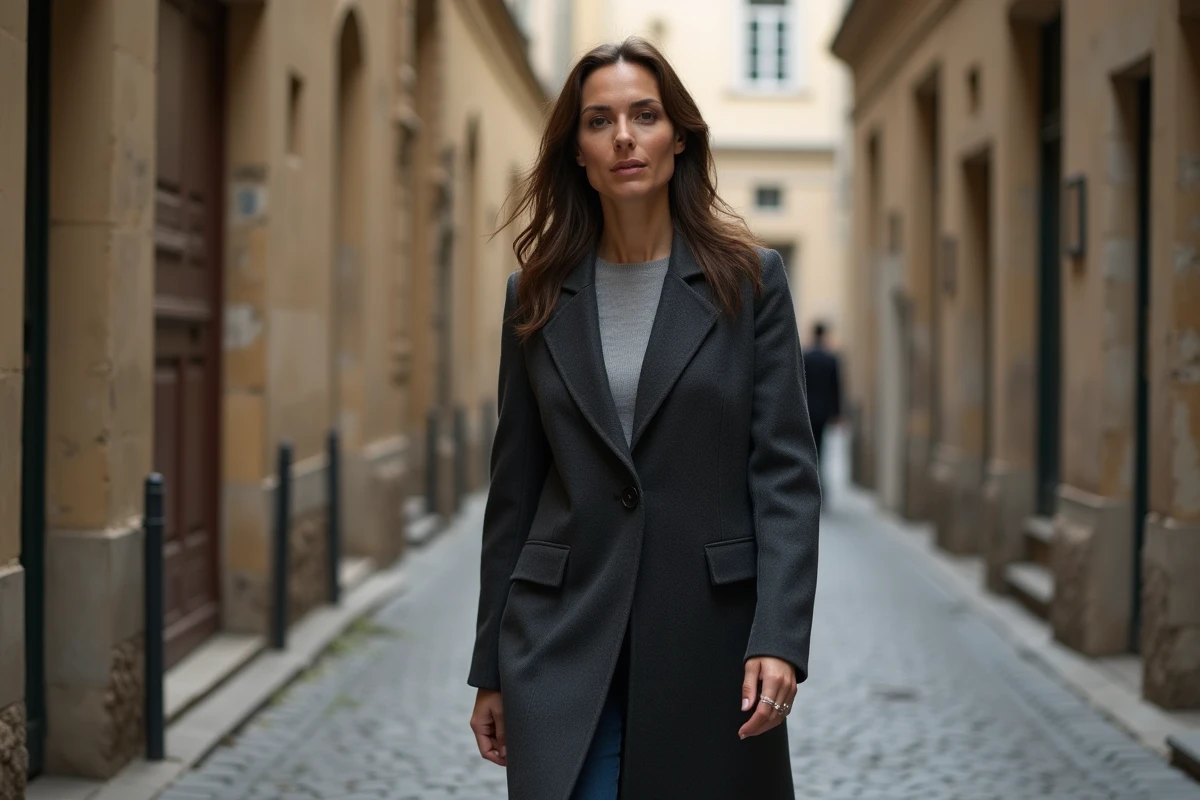 Femme médiatique photographiée en extérieur dans une cour parisienne pavée, allure naturelle et décontractée loin des projecteurs, image candide illustrant la dualité entre vie publique et privée