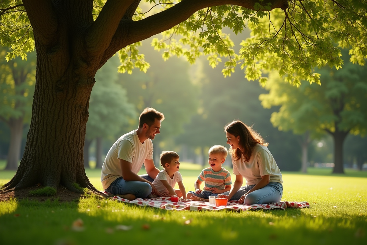 Famille profitant d un pique-nique dans un parc ensoleille avec enfants et adultes