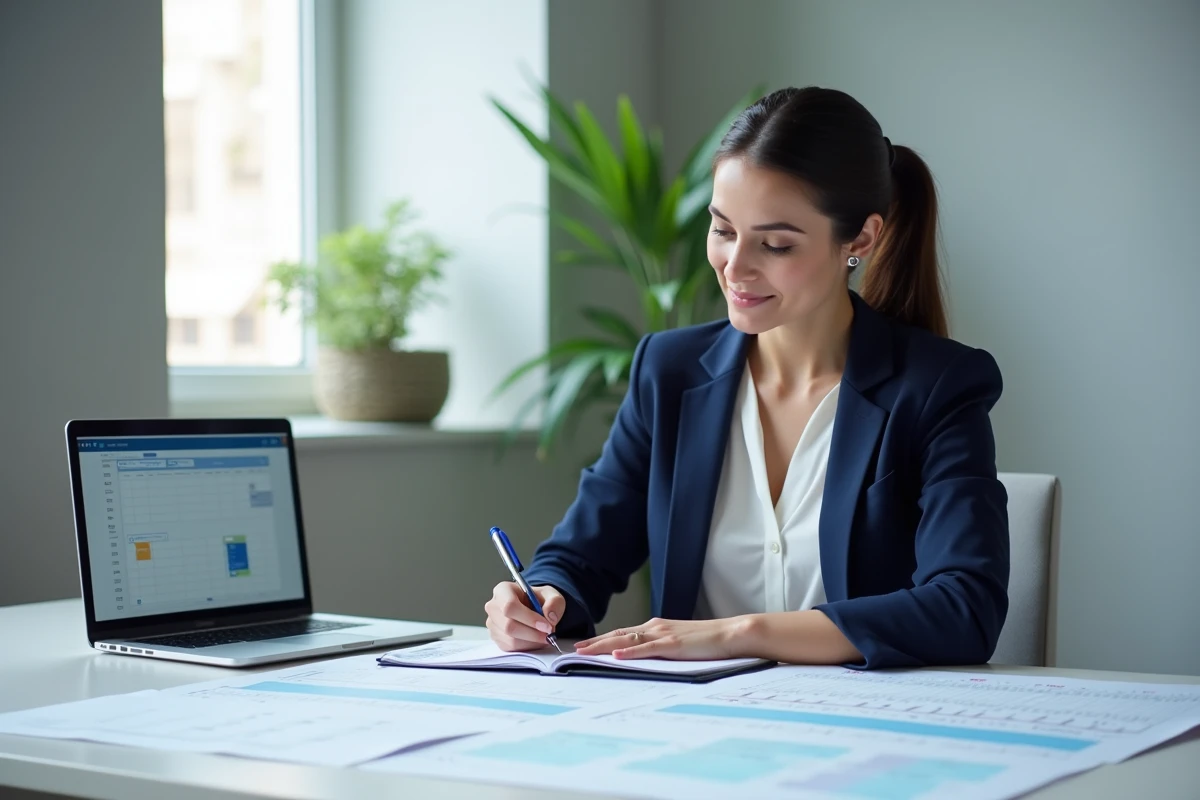 Femme planifiant des astreintes sur un calendrier 2026 avec semaines paires et impaires dans un bureau moderne