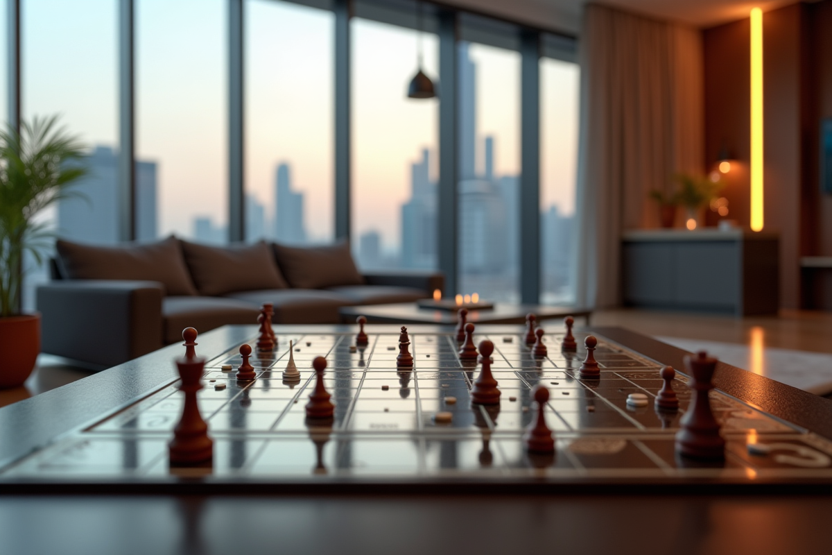 Plateau de jeu moderne avec pièces et cartes bien disposées