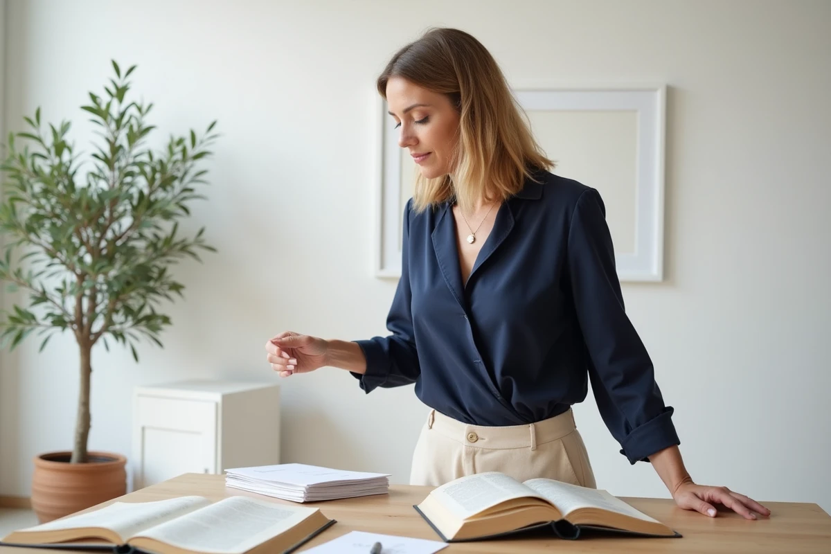 Femme élégante dans un bureau minimaliste consultant une liste de prénoms grecs féminins, entourée de dictionnaires et d'un olivier en pot