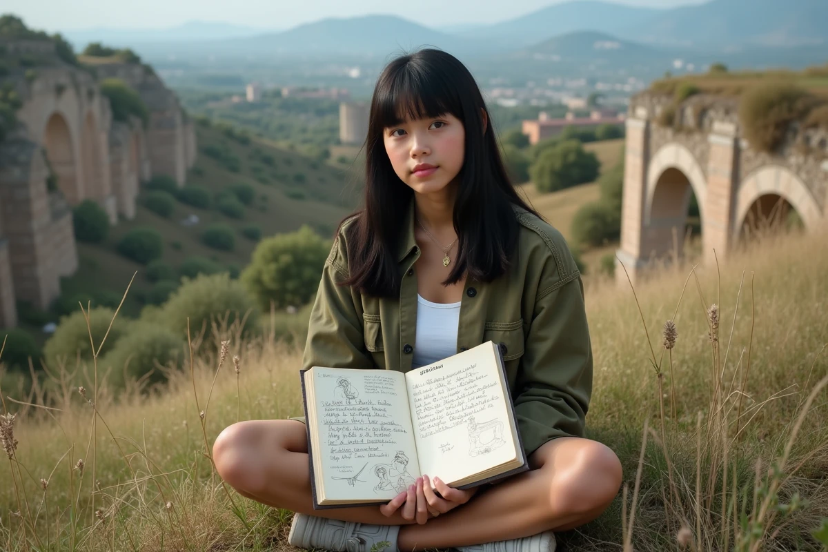 Adolescente au prénom Julia tenant un carnet de mythologie devant des ruines romaines à flanc de colline