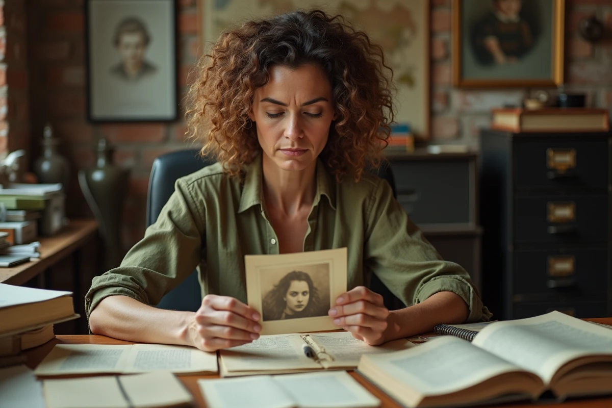 Femme étudiant des documents généalogiques et des photographies anciennes pour démêler l'histoire de la famille Turner
