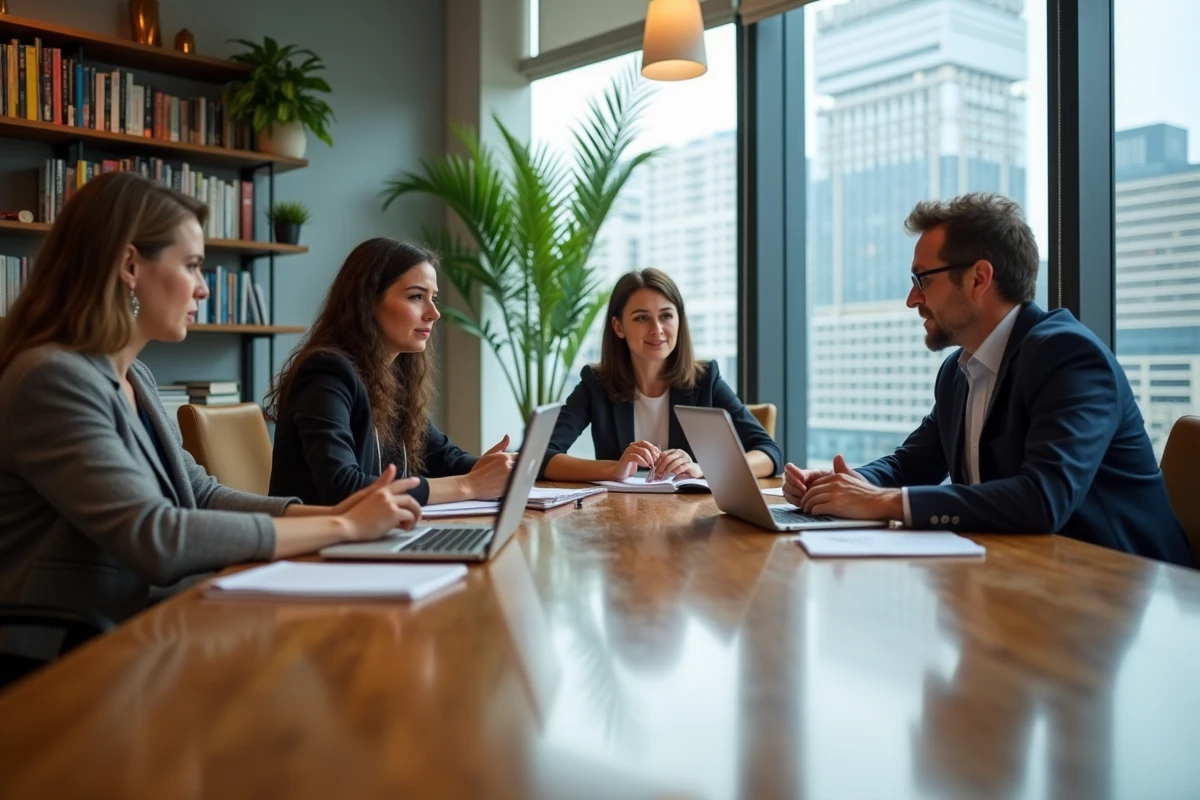 Groupe de journalistes en réunion dans un bureau lumineux