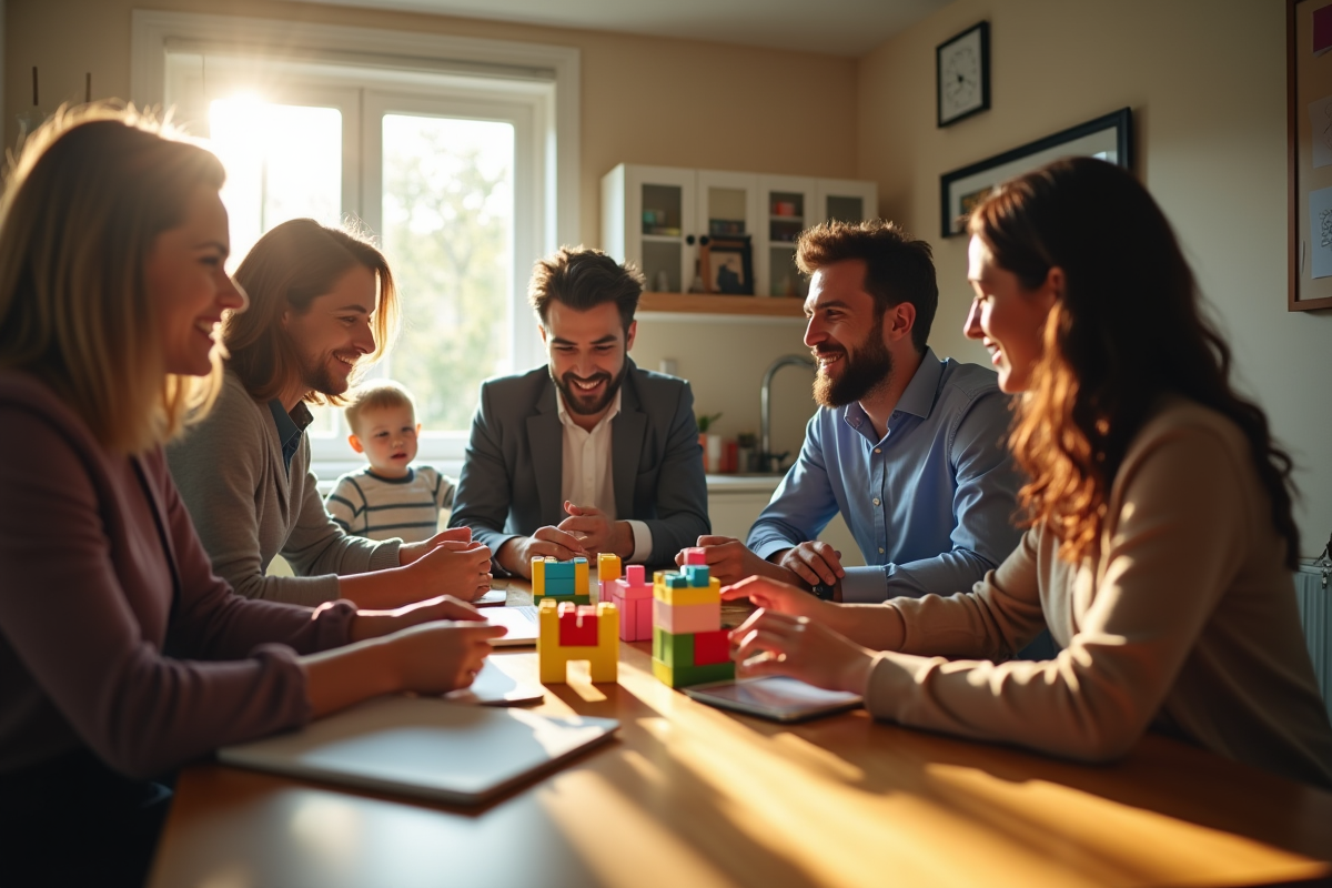 Collègues en visioconference avec enfant jouant à côté