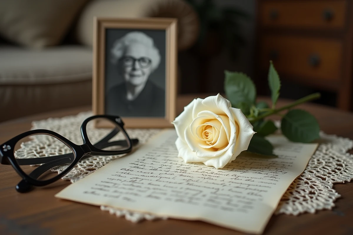 Rose blanche posée sur une lettre manuscrite en hommage à une tante décédée, ambiance nostalgique et poignante