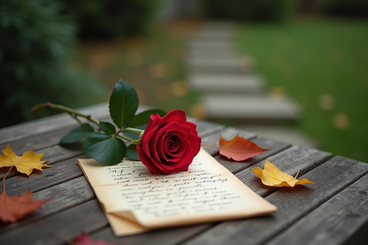 Rose rouge posée sur une lettre manuscrite en hommage à une maman décédée, sur une table en bois dans un jardin