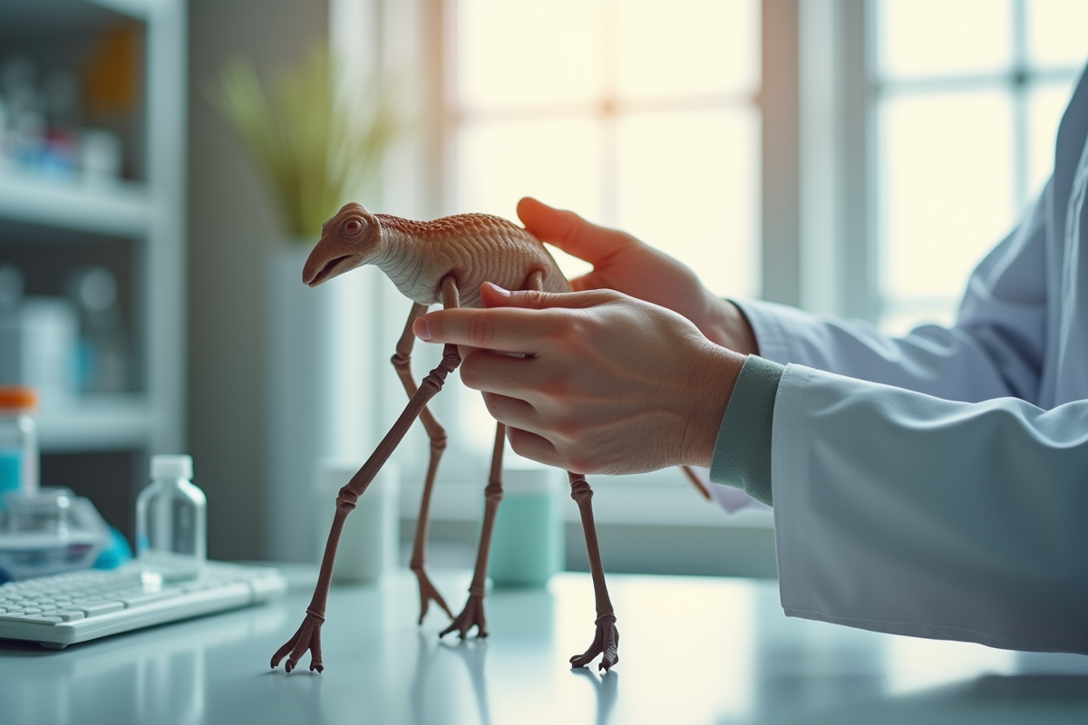 Main d’un scientifique manipulant un modèle d’animal étrange en laboratoire