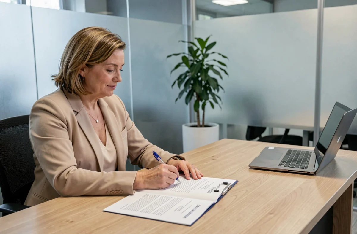 Femme signant une procuration notariale pour une succession lors d'un rendez-vous avec un notaire