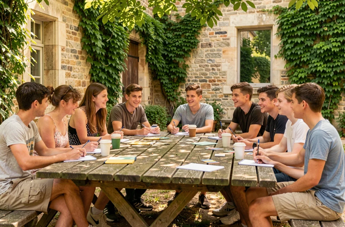Adolescents pratiquant des échanges linguistiques en plein air lors d'un séjour SILC près de la frontière franco-belge