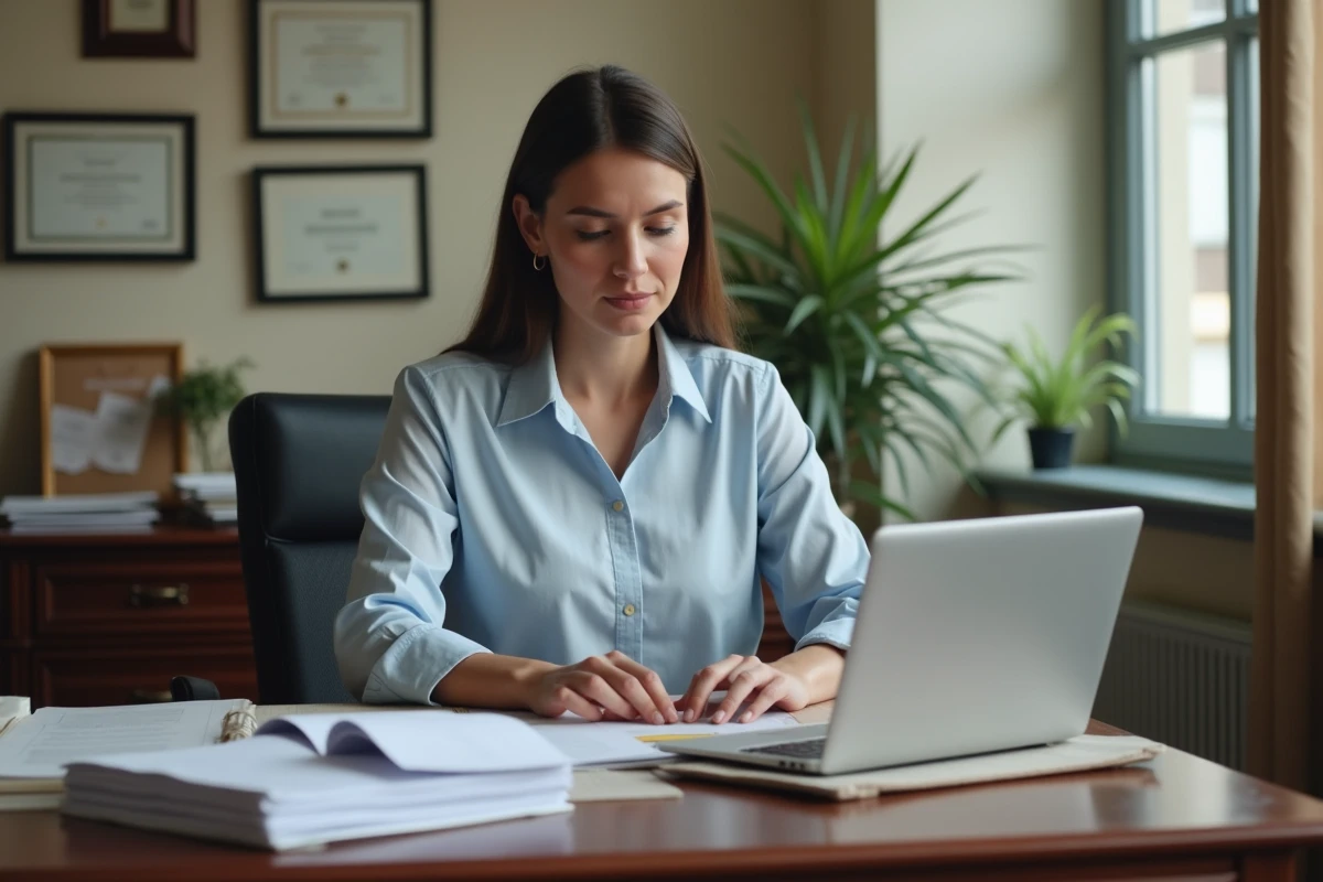 Assistante sociale triant des dossiers dans un bureau officiel