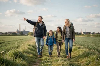 Une famille joyeuse en promenade dans la campagne des Hauts-de-France, évoquant les sorties en famille dans la région