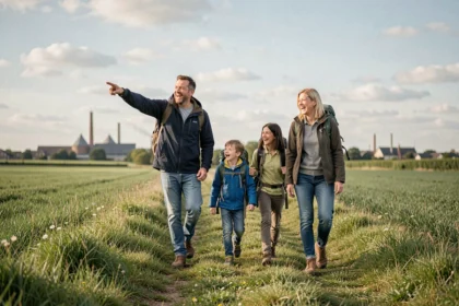Une famille joyeuse en promenade dans la campagne des Hauts-de-France, évoquant les sorties en famille dans la région