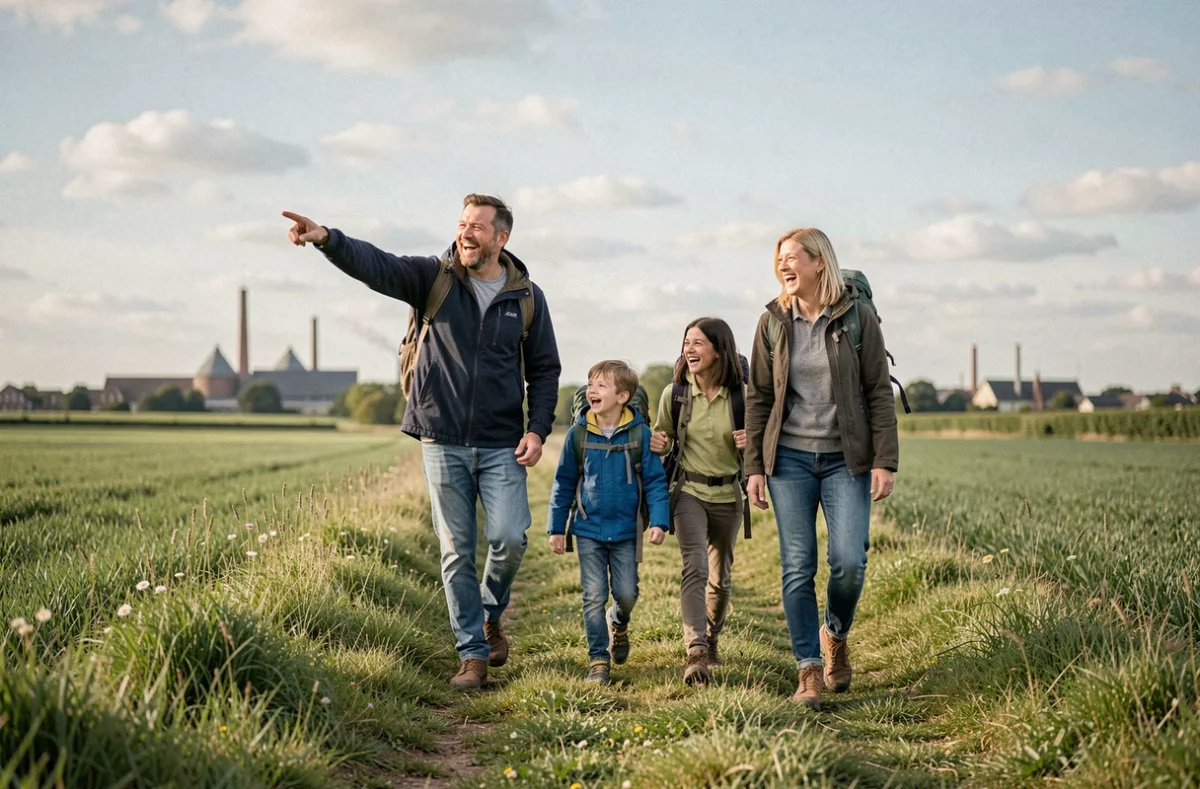 Une famille joyeuse en promenade dans la campagne des Hauts-de-France, évoquant les sorties en famille dans la région