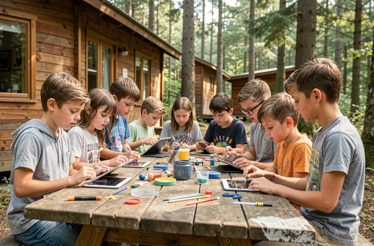Enfants participant à une activité thématique autour d'une table en bois en plein air lors d'une colonie Telligo dans les Hauts-de-France