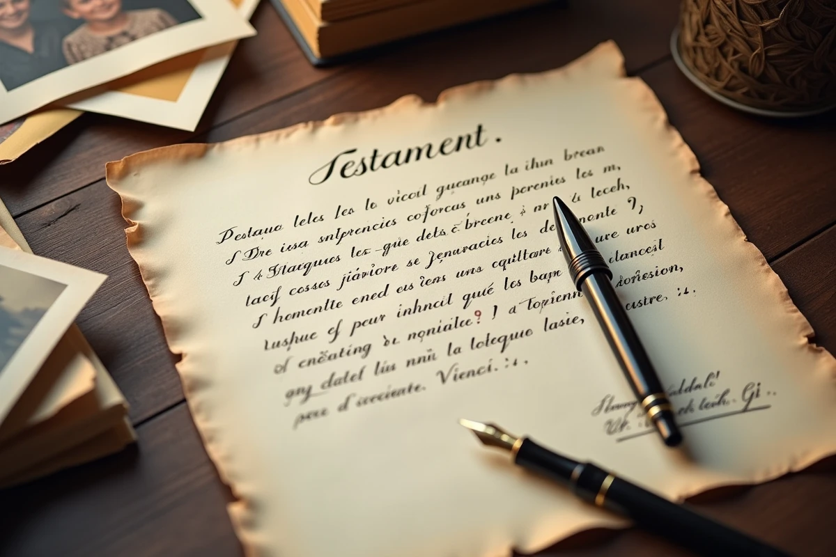 Gros plan d'un testament olographe manuscrit en français posé sur un bureau en chêne avec un stylo plume