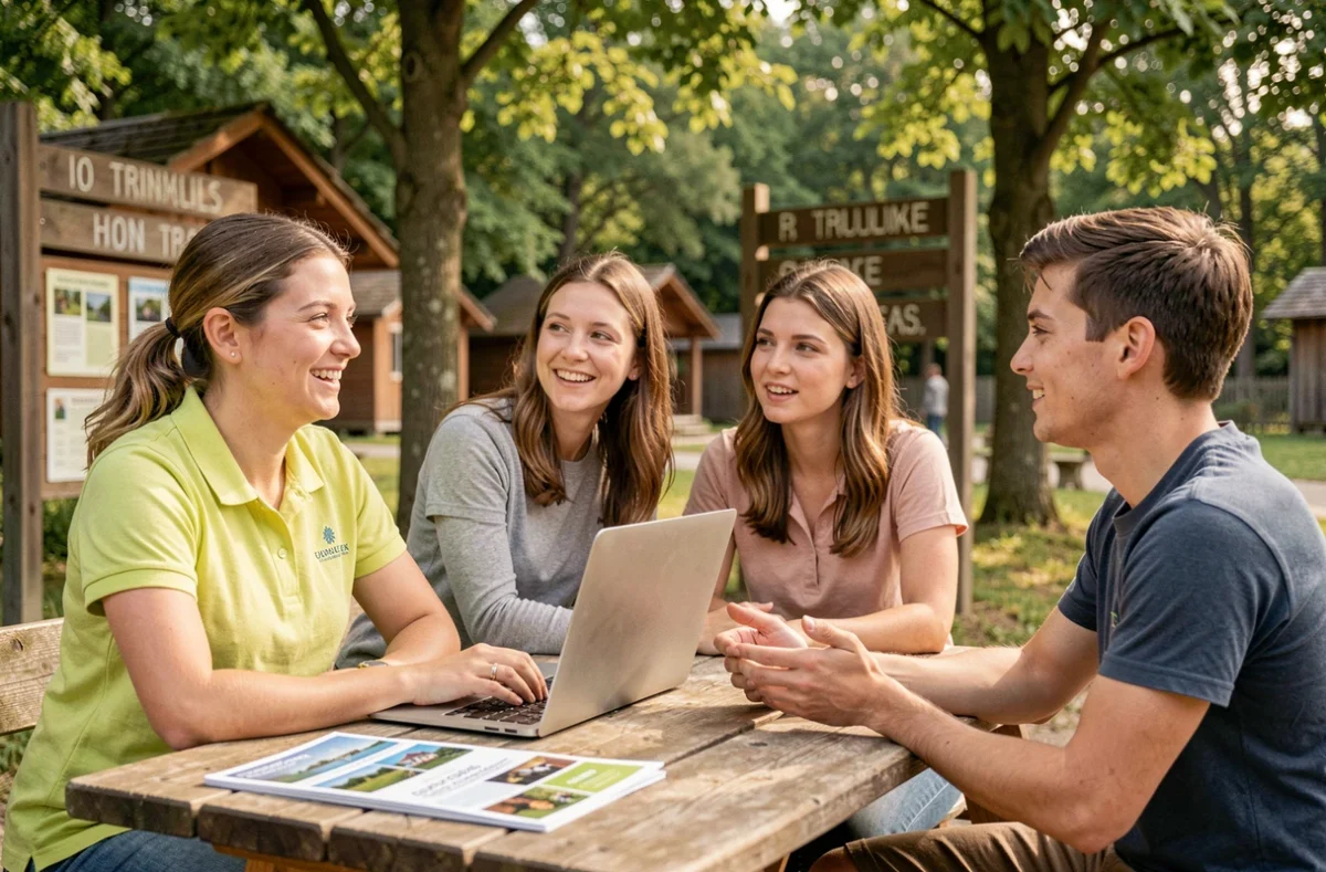 Animatrice de la plateforme Totemia présentant des séjours à des familles lors d'une réunion d'orientation dans les Hauts-de-France