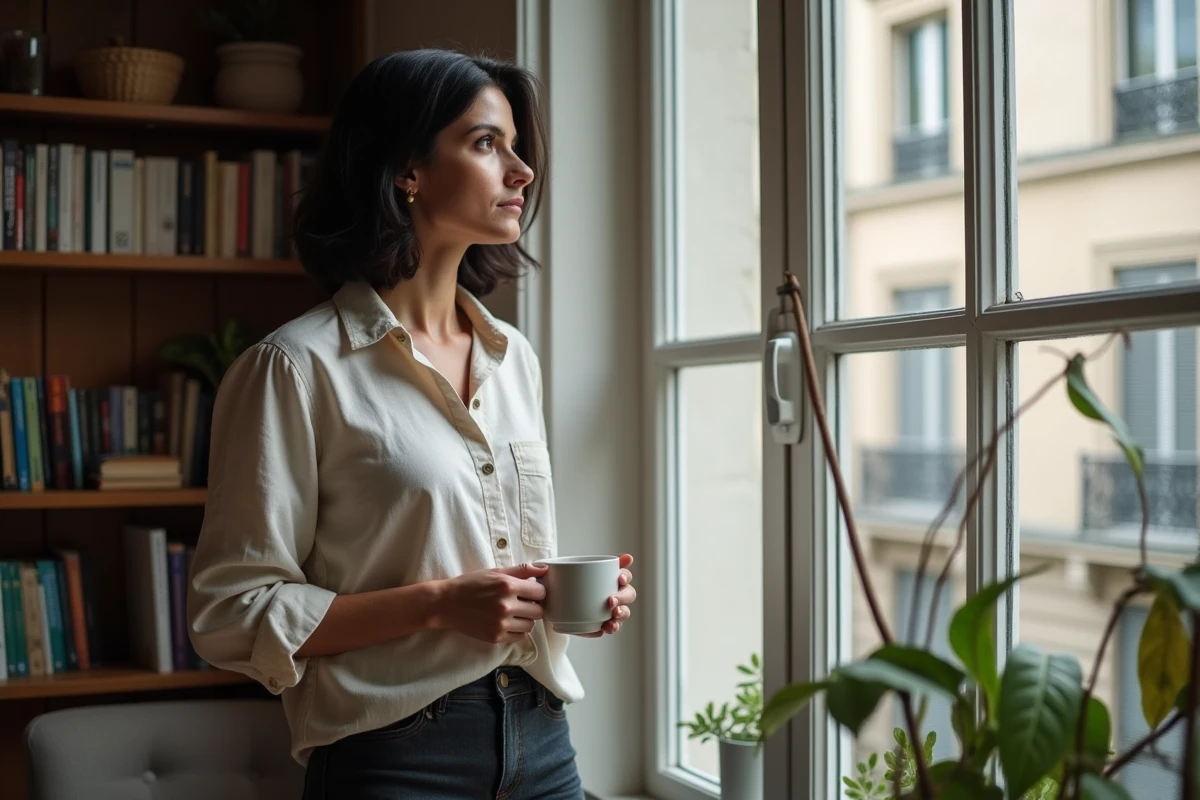 Femme journaliste dans son appartement parisien, moment de vie privée loin des caméras, reflétant l'intimité et le quotidien discret d'une personnalité médiatique