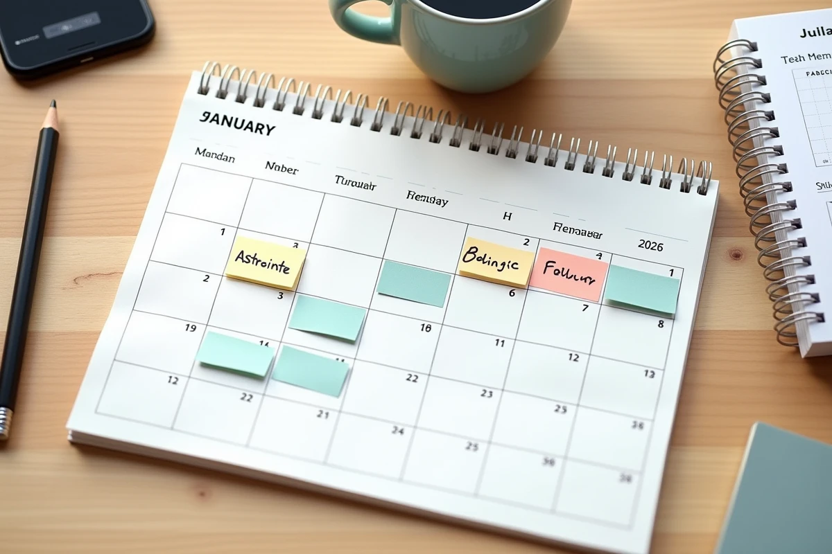 Vue aérienne d'un calendrier 2026 annoté avec semaines paires et impaires pour planifier des astreintes