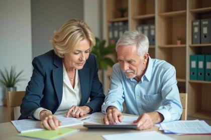 Femme d'&acirc;ge moyen et homme &acirc;g&eacute; discutant &agrave; une table moderne