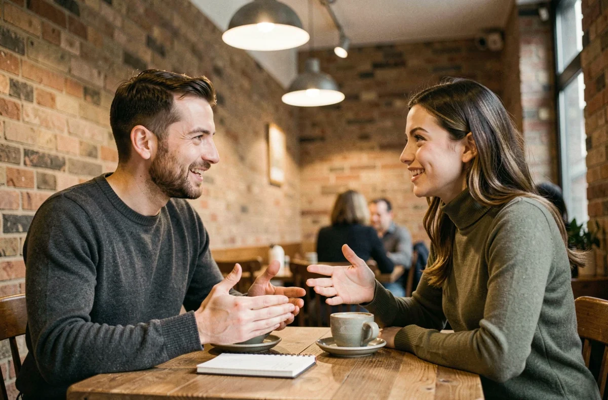 Frère et sœur jumeaux en conversation intime dans un café parisien, ambiance éditoriale naturelle