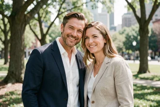 Yoann Riou et sa sœur jumelle souriants côte à côte dans un parc urbain, portrait éditorial en extérieur