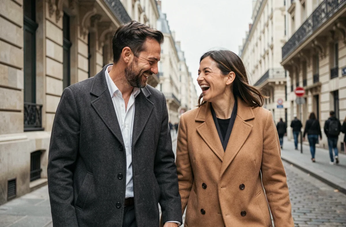Jumeaux marchant et riant ensemble dans une rue pavée parisienne, reportage éditorial en extérieur